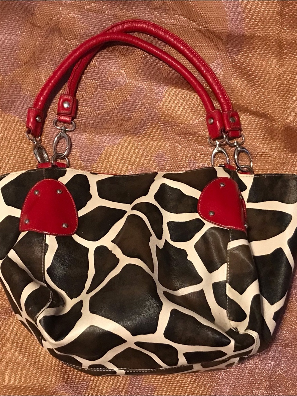 Black & White Giraffe Print Shoulder Bag with Red Handles